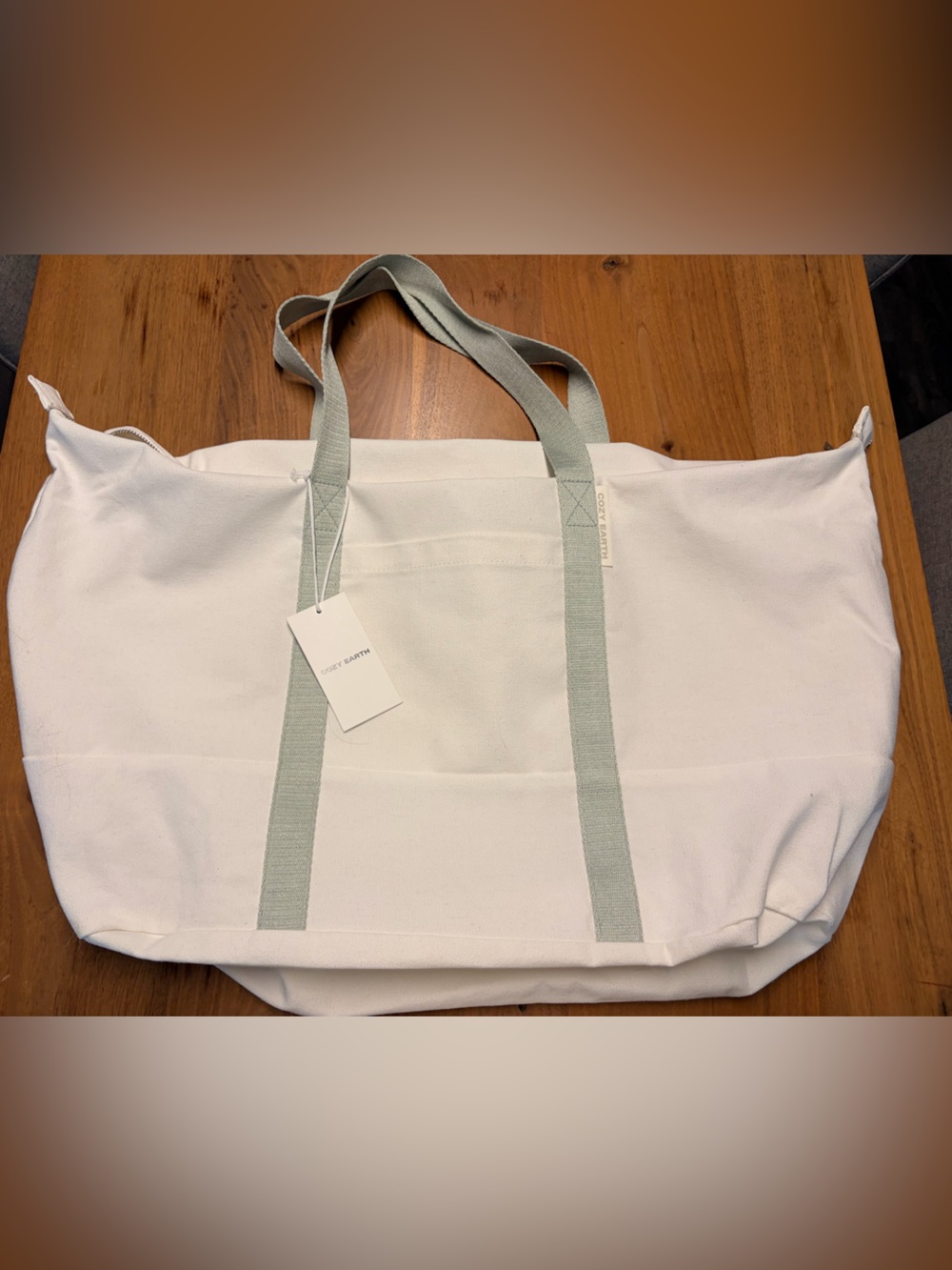 White Canvas Tote with Sage Straps